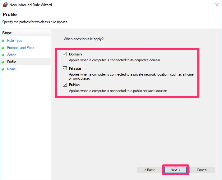 New Inbound Rule Wizard, Profile screen with the Domain, Private, and Public options all selected