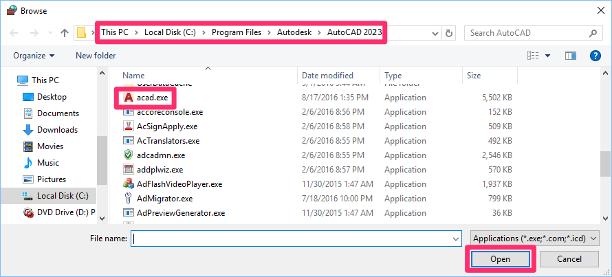 Browsing to your year version of AutoCAD in the folder C:/Program Files/Autodesk