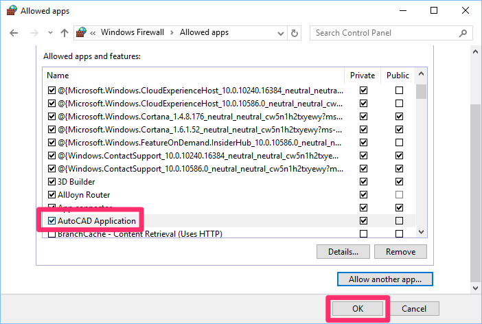 AutoCAD application entry now included in the Allowed apps dialog box