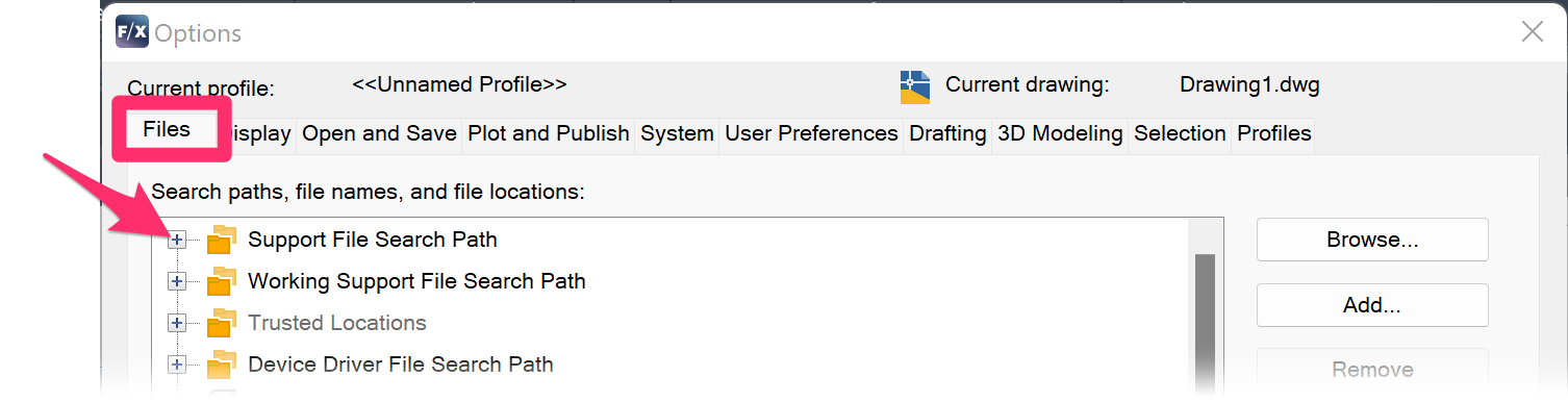 Options dialog box, Files tab, expanding the Support File Search Path