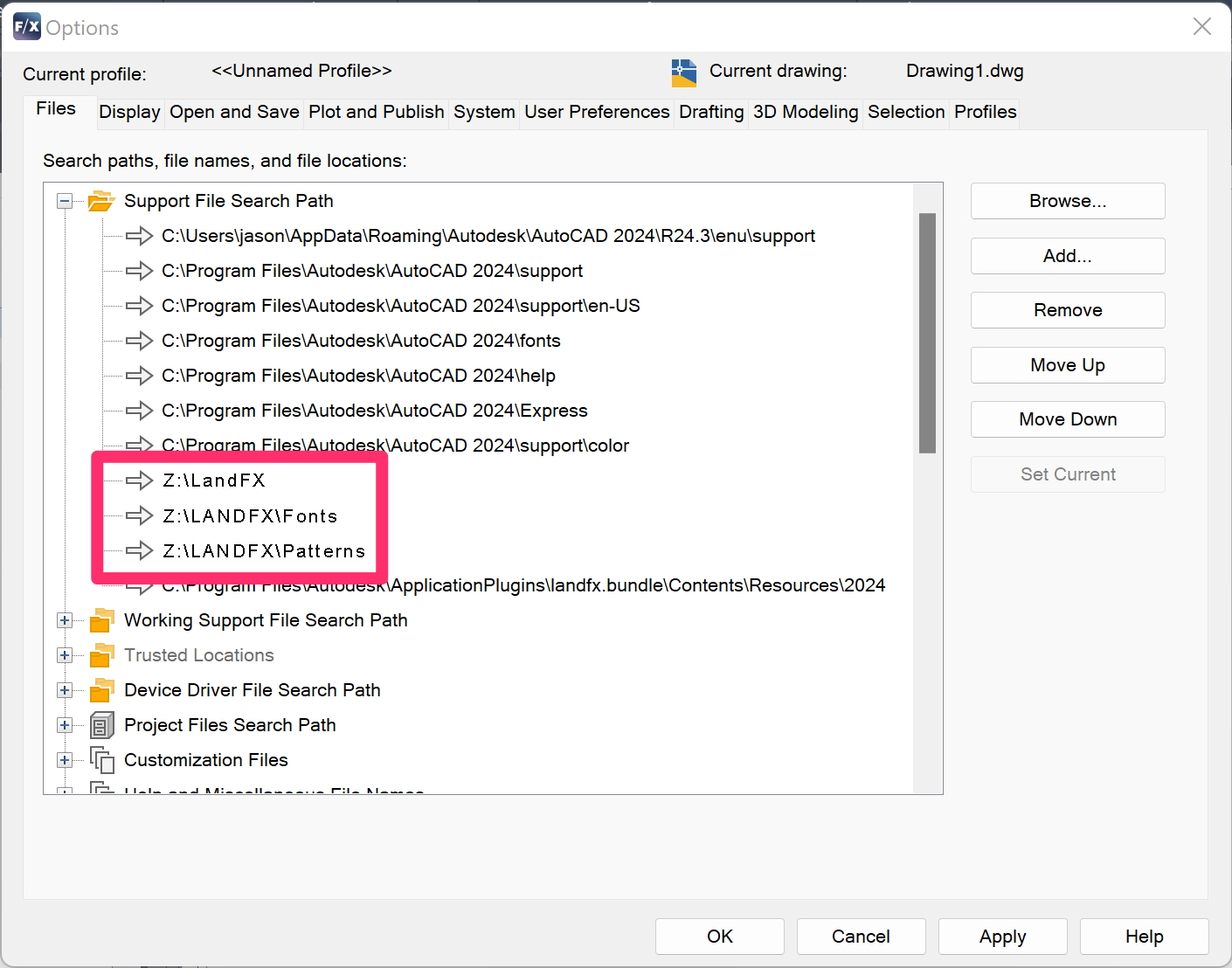 Options dialog box, Files tab, Support File Search Path now includes LandFX folder on letter drive, Apply button