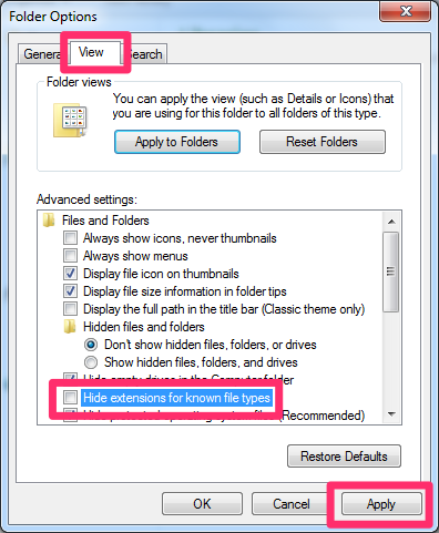 Folder Options dialog box, View tab, Hide extensions for known file types option unchecked