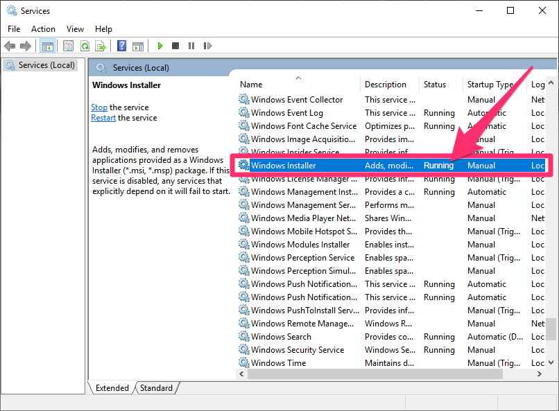 Services dialog box, Windows Installer service running