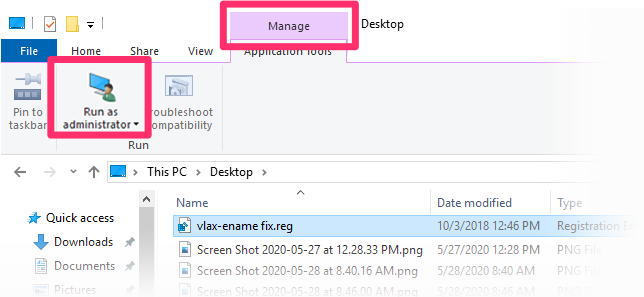 Manage tab, Run as administrator option