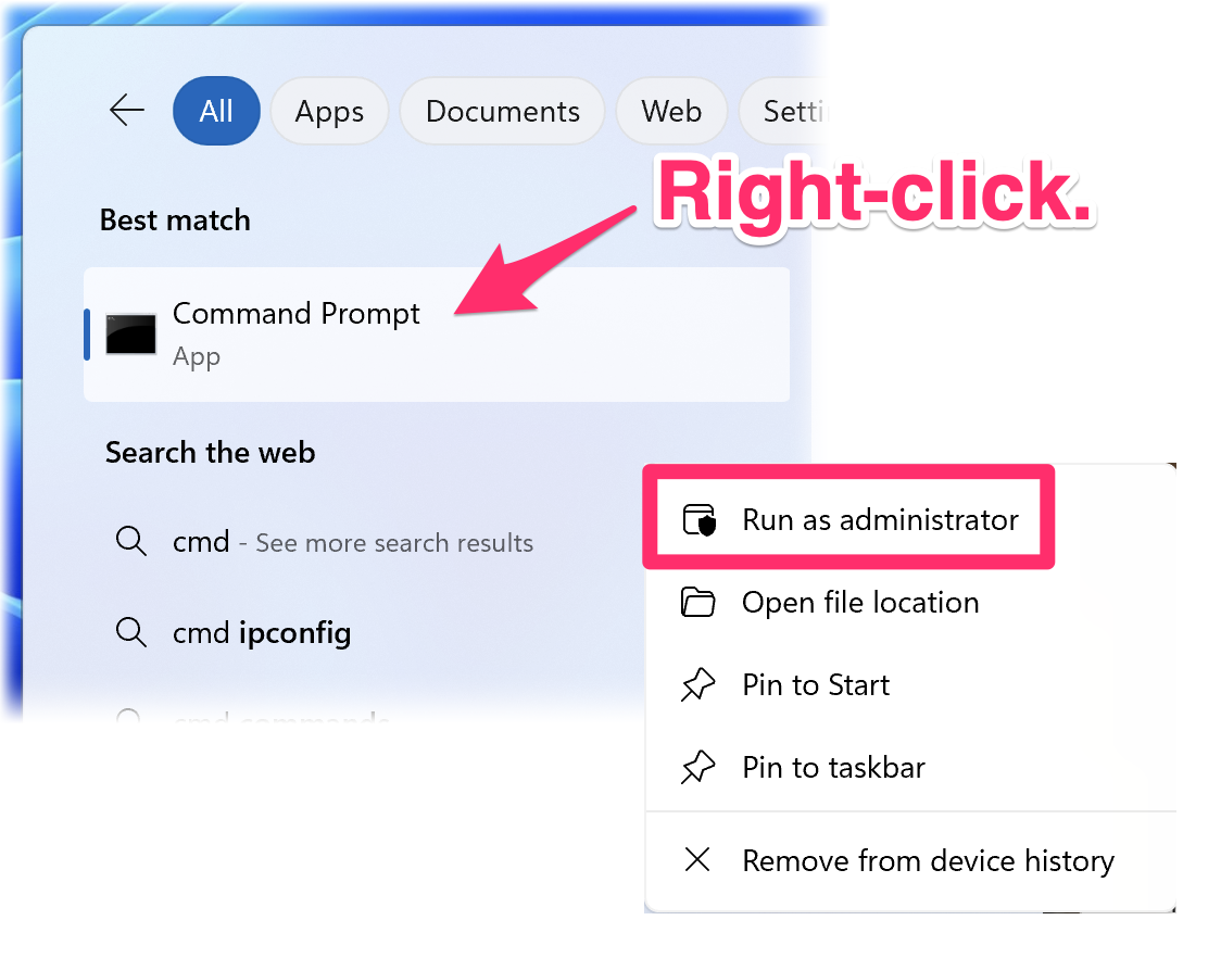 Windows Start menu, right-clicking the Command Prompt option and selecting the Run as administrator menu option