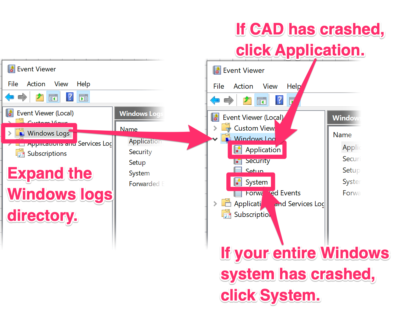 Expanded Windows Logs directory in the Event Viewer