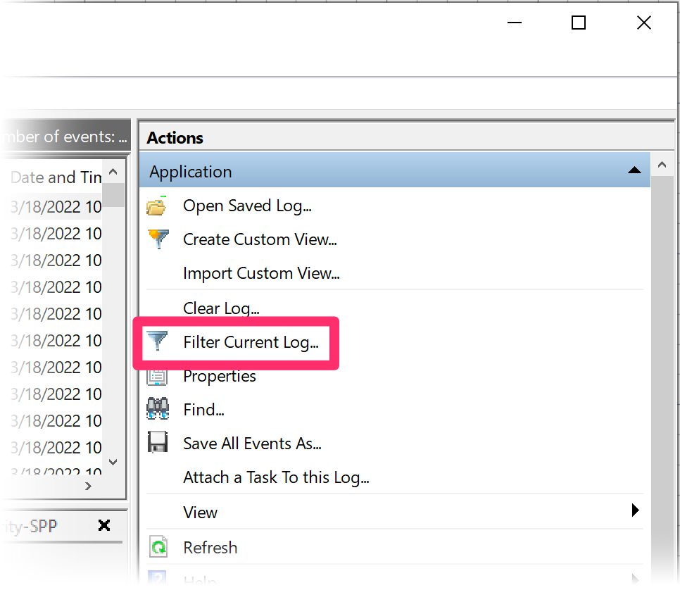 Event Viewer, Filter Current Log button