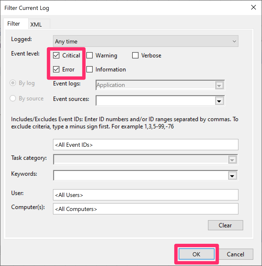 Filter Current Log, Critical and Error options selected