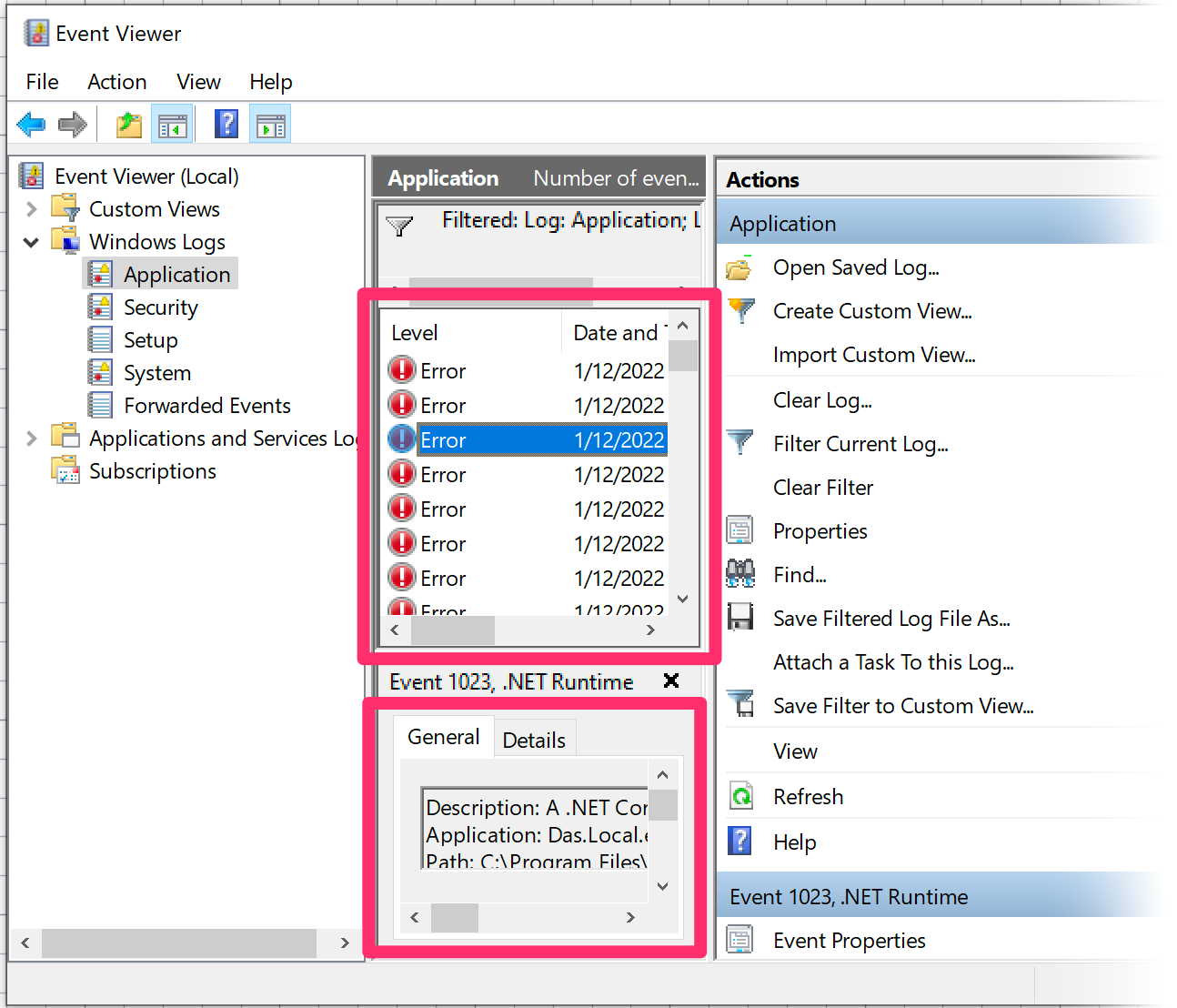 Looking for errors containing the text acad.exe in the General box in the Event Viewer error list