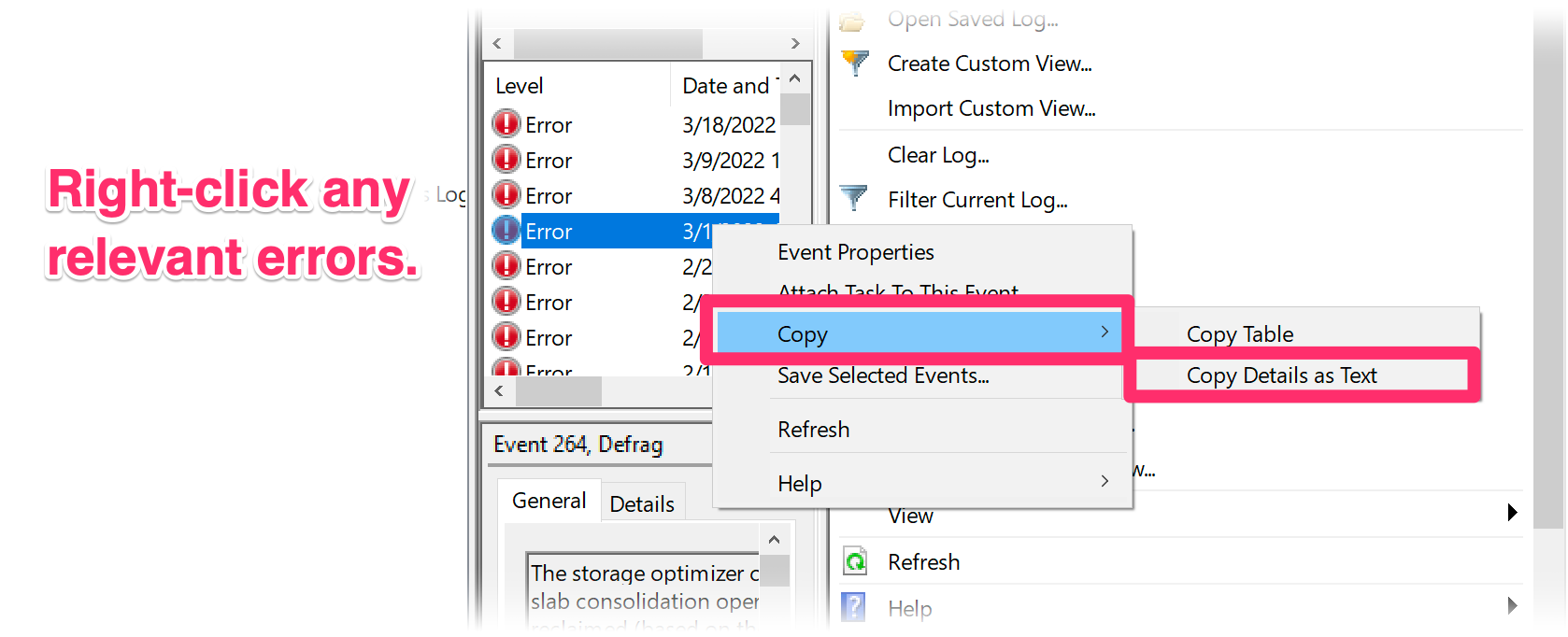 Right-clicking an error, hovering on the Copy menu option, and selecting the Copy Details as Text submenu option