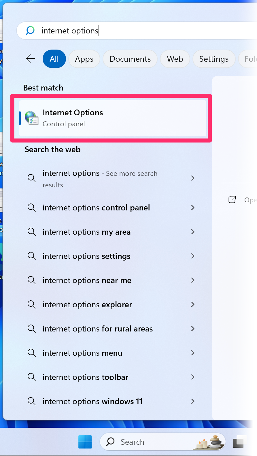 Windows Start menu showing Internet Options entry