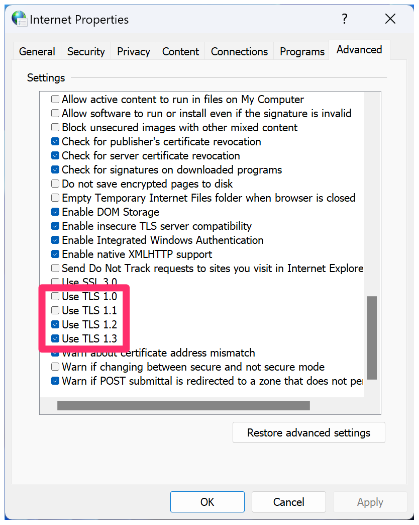 Internet Properties dialog box showing TLS settings