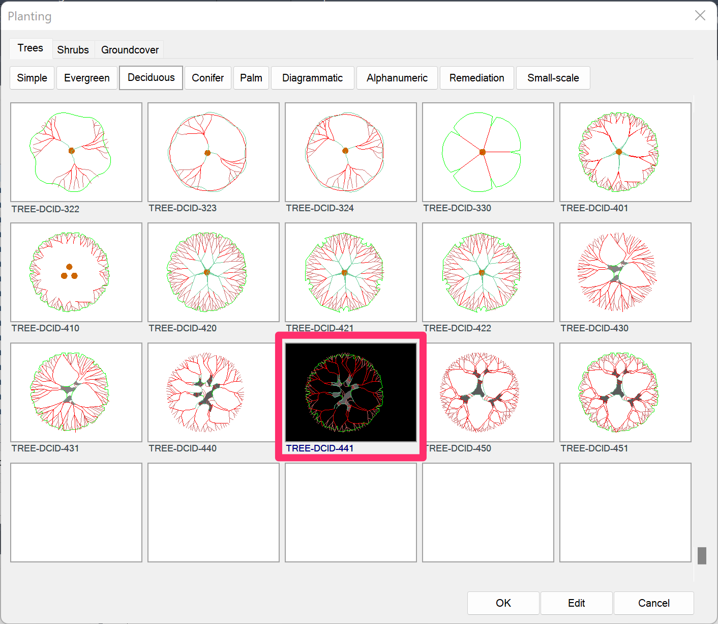 Plant symbol selection dialog box, Edit button