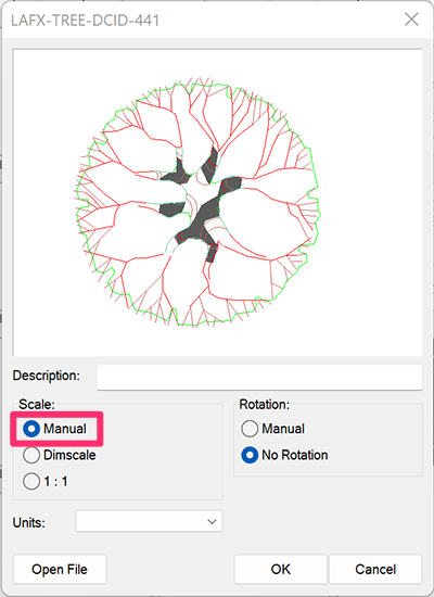 Acaling a plant symbol, Manual option for scaling