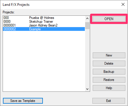 Land F/X Projects dialog box, Open button