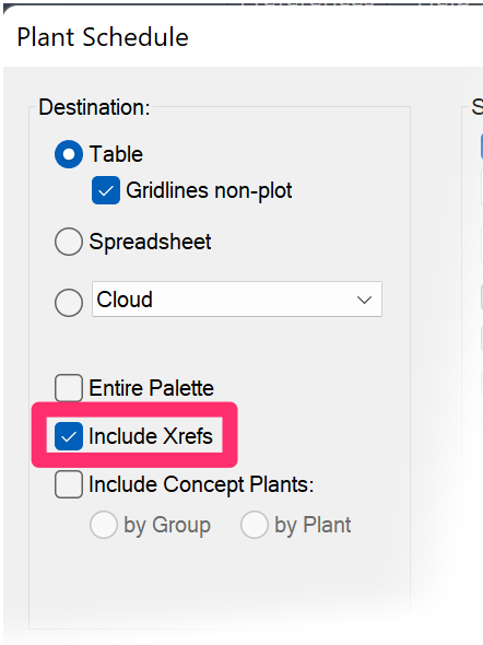 Plant Schedule dialog box, Include Xrefs option selected