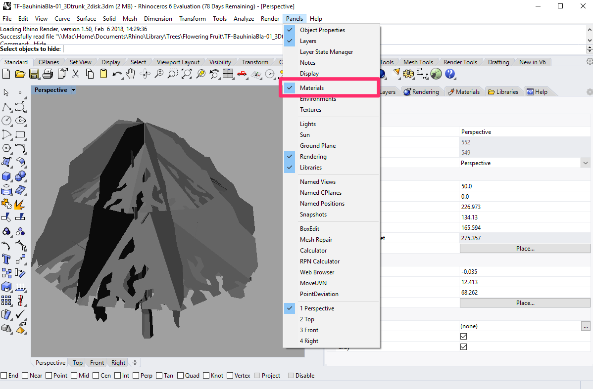 Panel menu in Rhino, Materials option