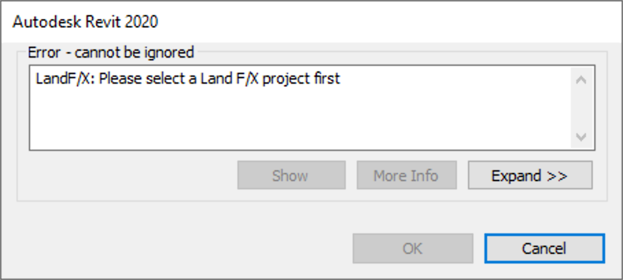 Error - cannot be ignored. LandF/X: Please select a Land F/X project first.