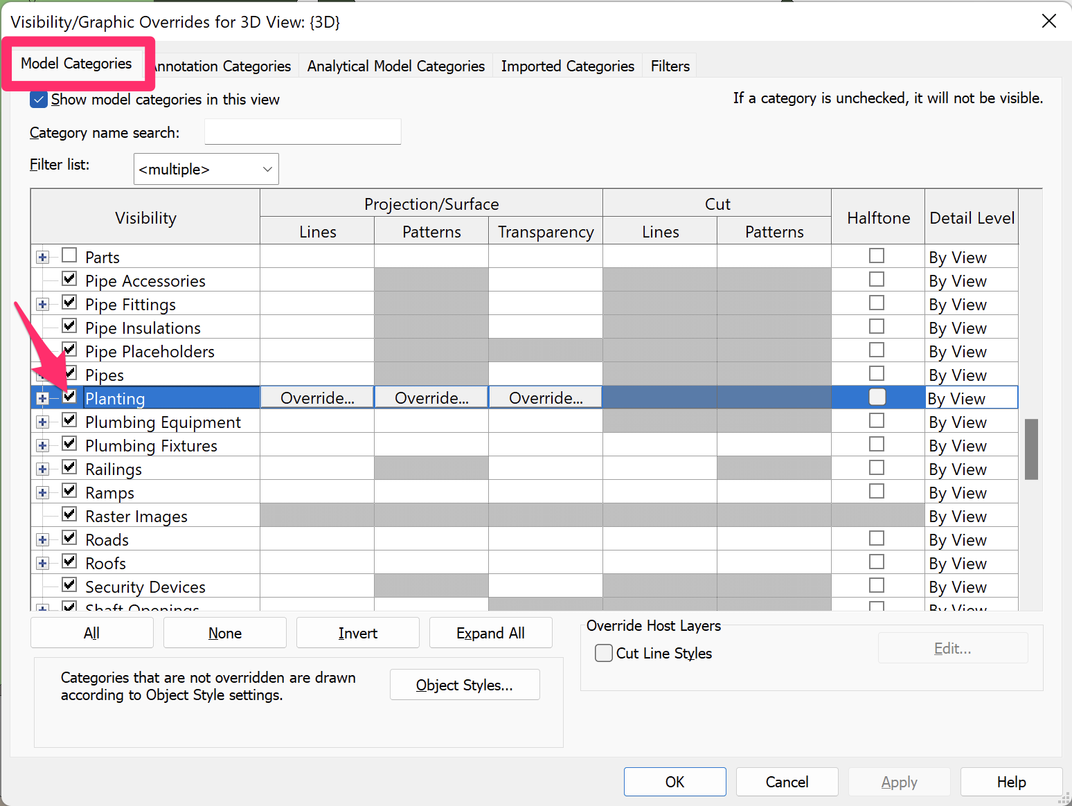 Visibility/Graphic Overrides for 3D View dialog box showing Model Categories tab and Planting entry