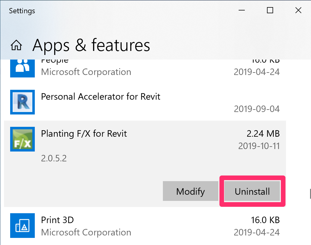 Uninstall the Planting F/X for Revit® Plugin