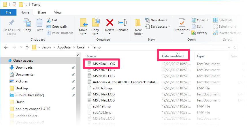 Organizing the files by Date Modified in the File Explorer and locating the most recent file with the extension LOG