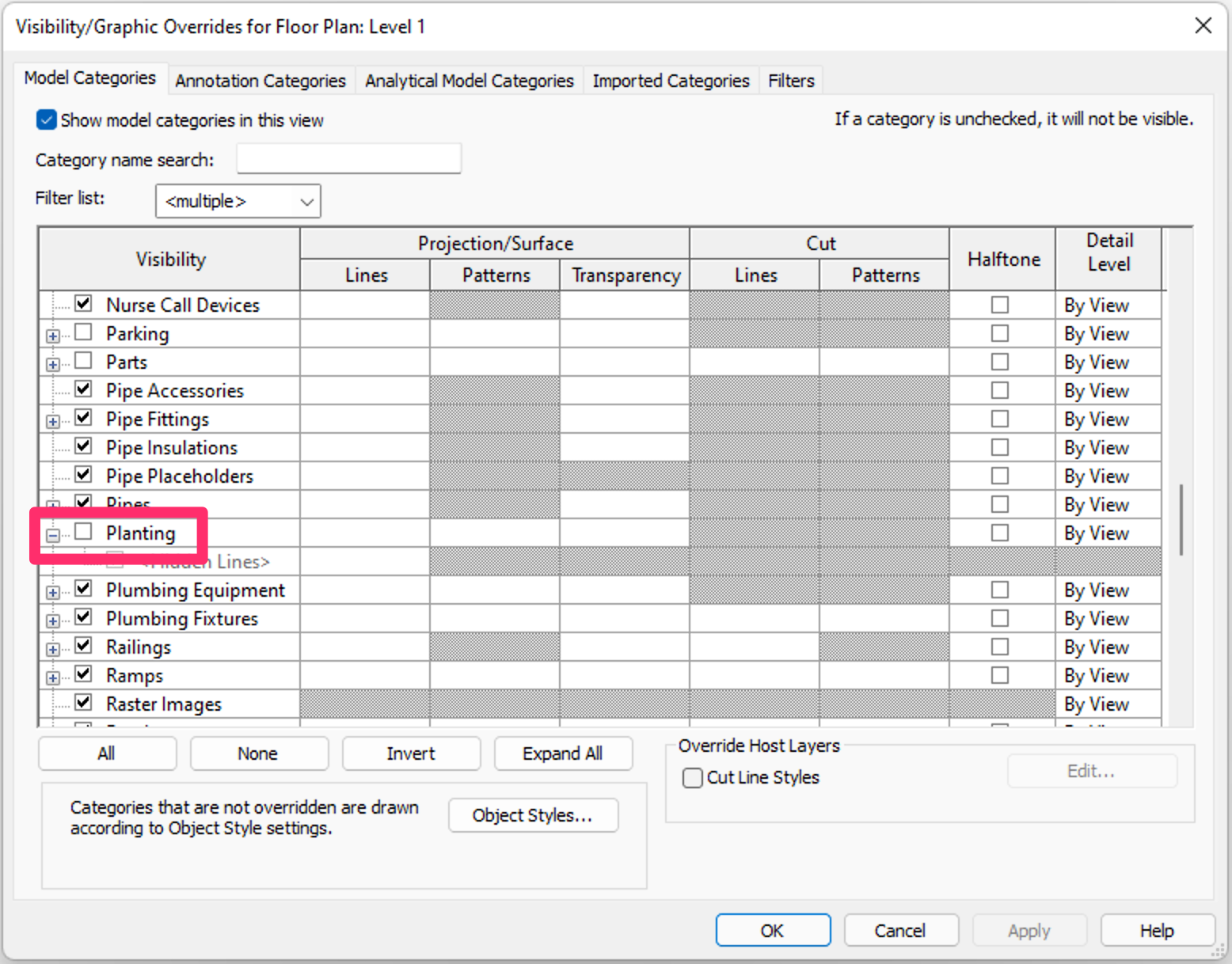 Planting visibility unchecked in Visibility/Graphic properties