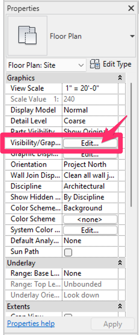 View properties, Edit button next to Visibility/Graphics