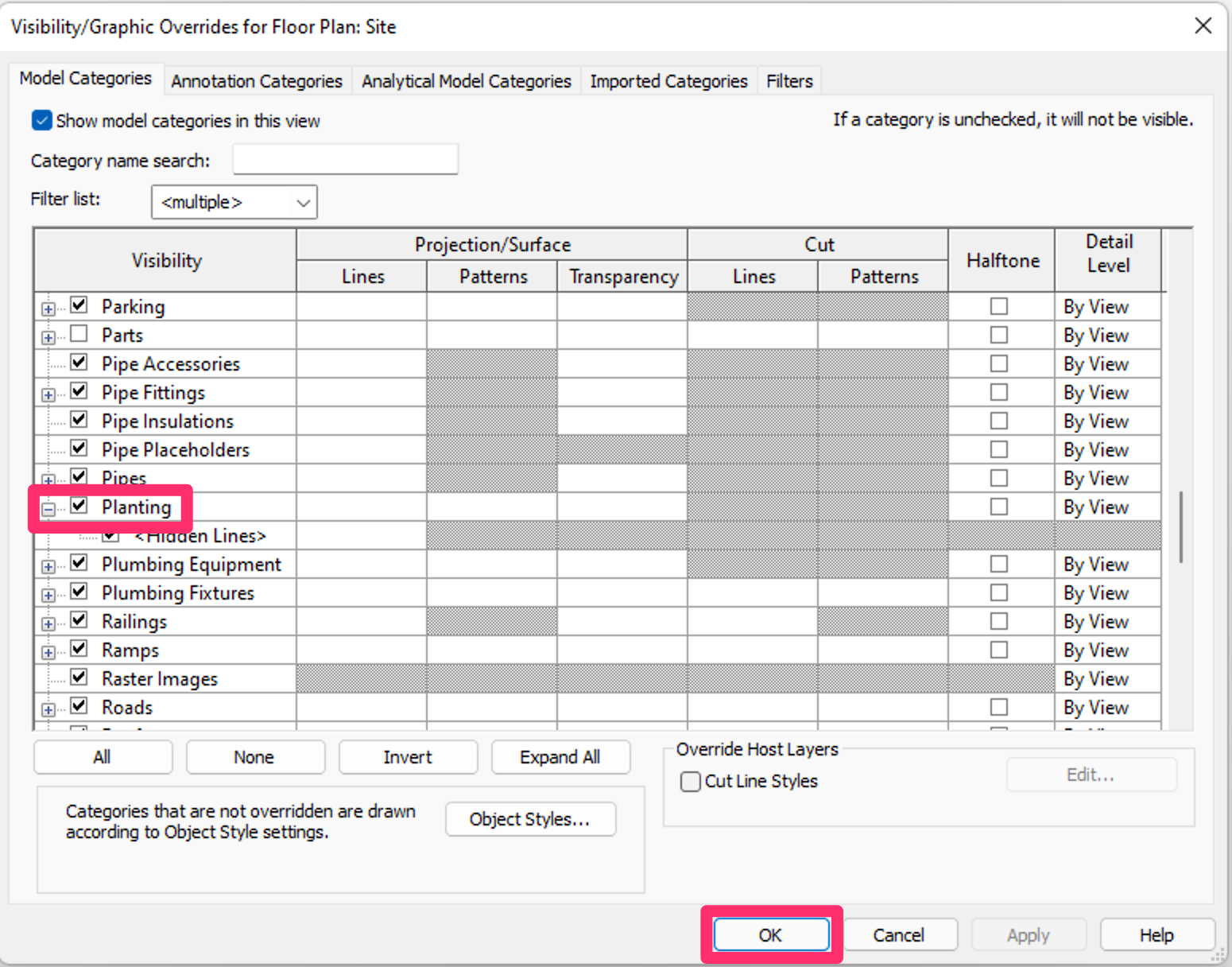 Planting visibility checked in Visibility/Graphic properties