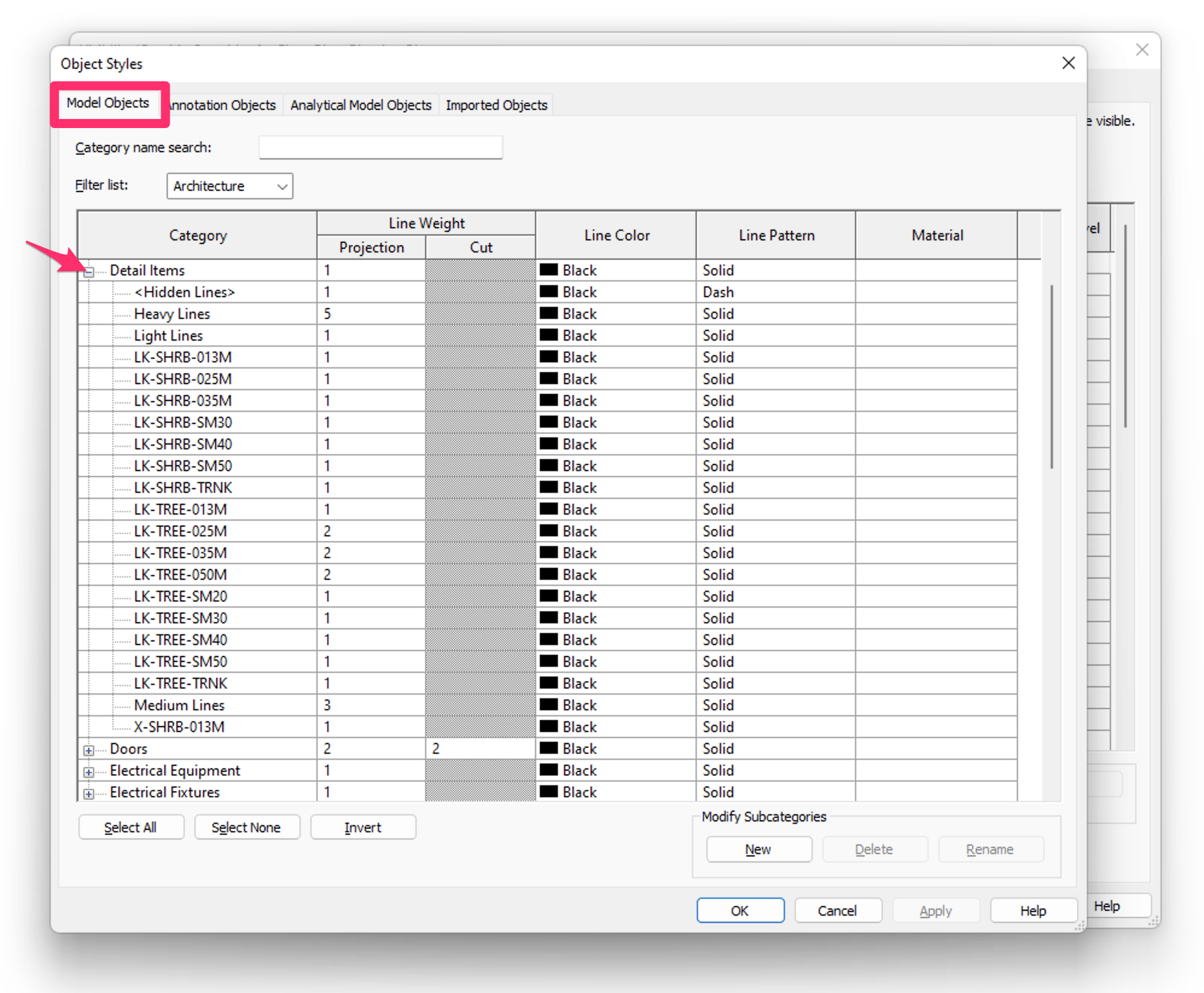 Object Styles dialog box, Model Objects tab, Detail Items expanded