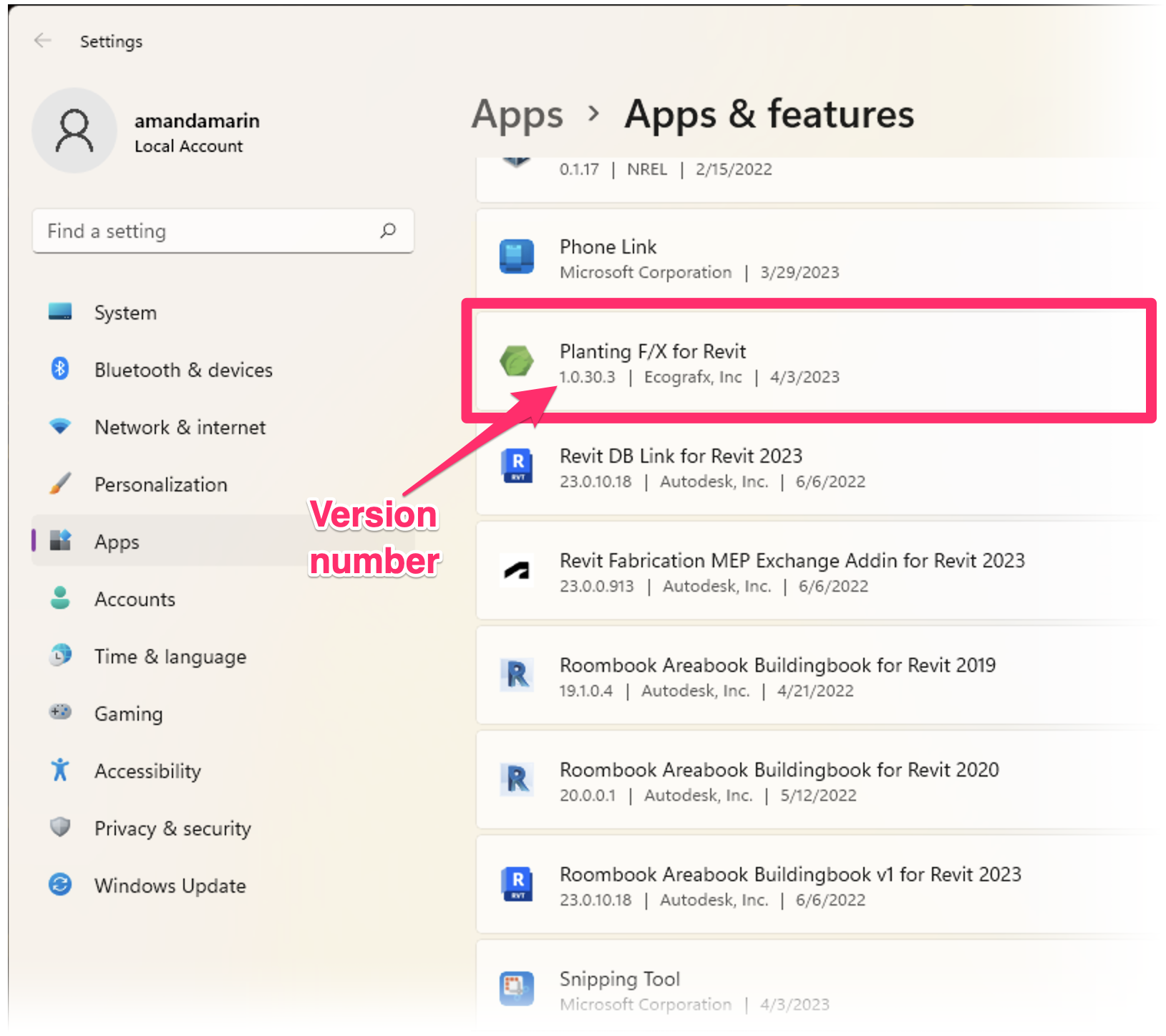 Apps & Features screen, Planting F/X for Revit version number