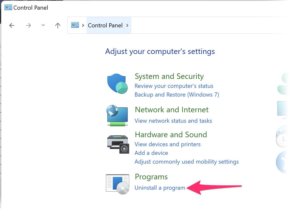 Windows Control Panel, Uninstall a program option