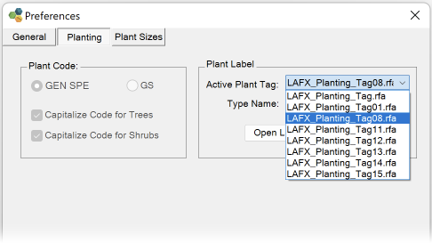 Planting Preferences in Revit, Active Plant Tag menu