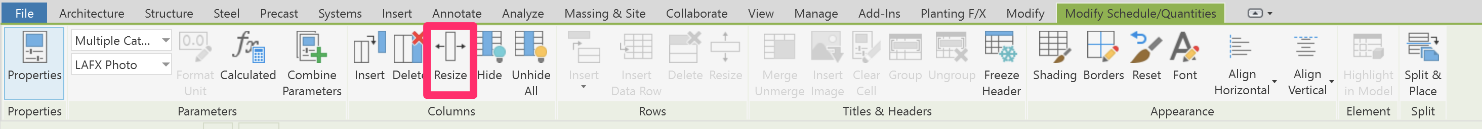 Modify Schedule/Quantities ribbon, Resize option