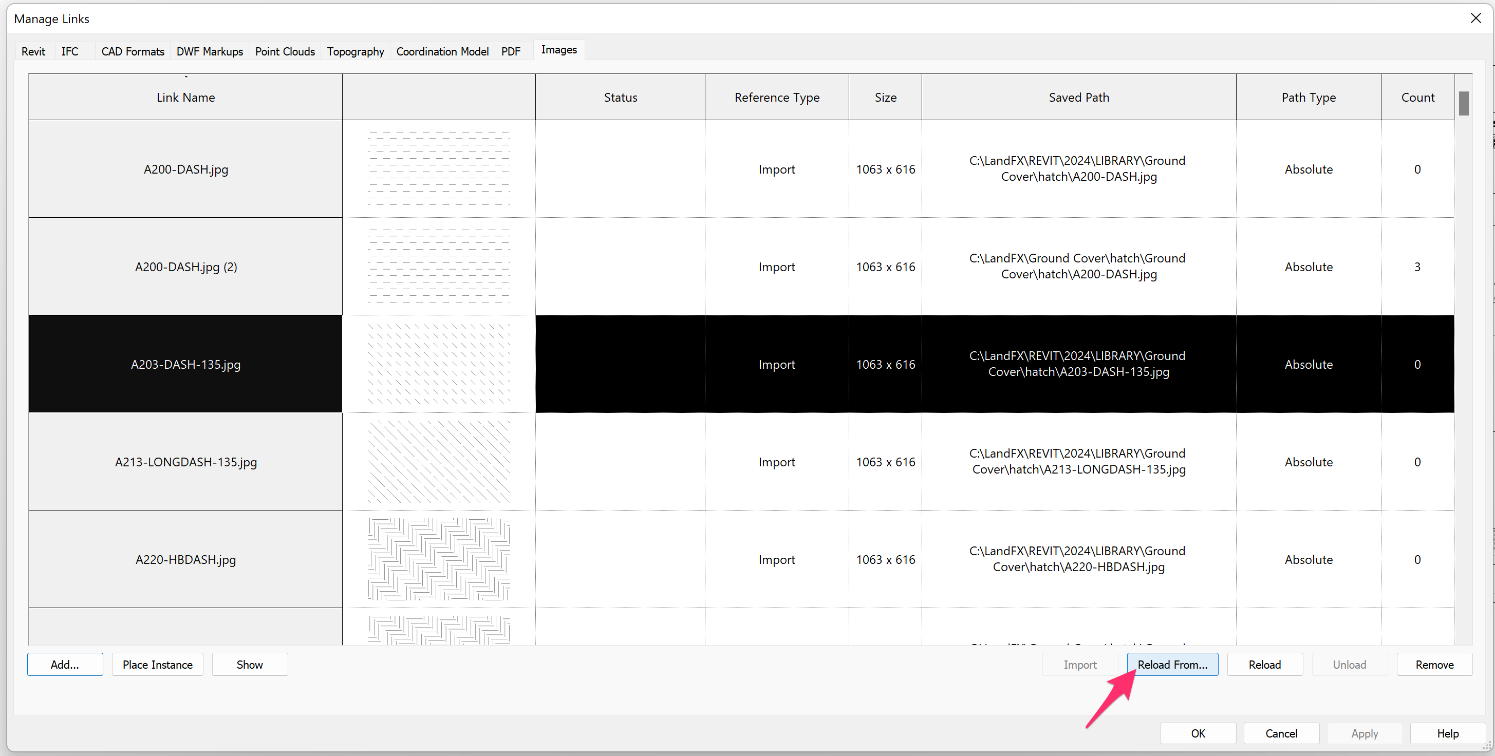 Manage Links dialog box, Reload From button