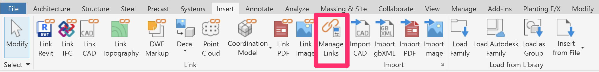 Insert ribbon in Revit, Manage Links opton