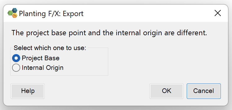 Planting F/X Import dialog box showing message that the project base point and the internal origin are different