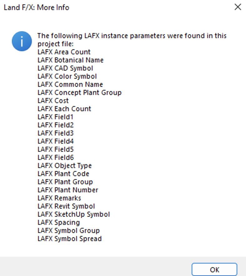 Land F/X: More Info dialog box showing the LAFX parameters currently in use