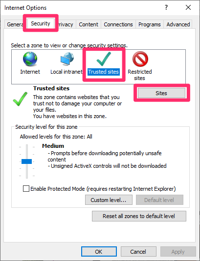 Internet Options dialog box, Security tab, Trusted Sites option, Sites button