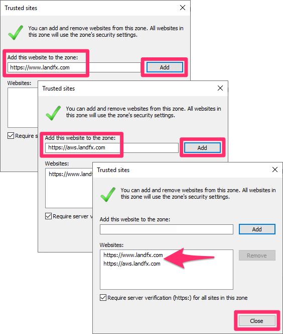 Trusted sites dialog box with https://www.landfx.com and https://aws.landfx.com added