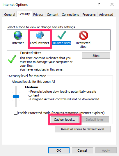 Internet Options dialox box, Local intranet option, Custom level button