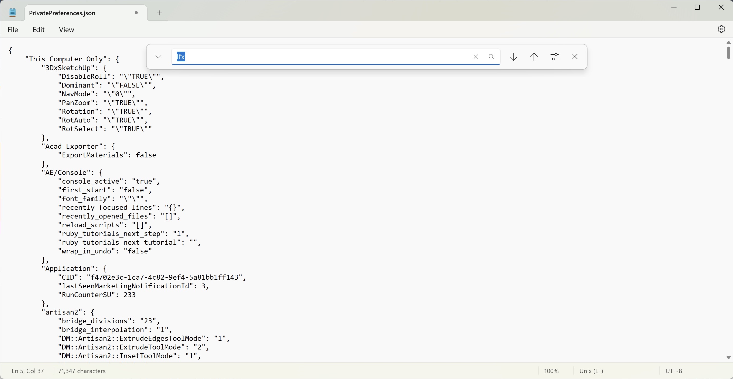 Searching for the text lfx in the JSON file containing SketchUp dialog box settings