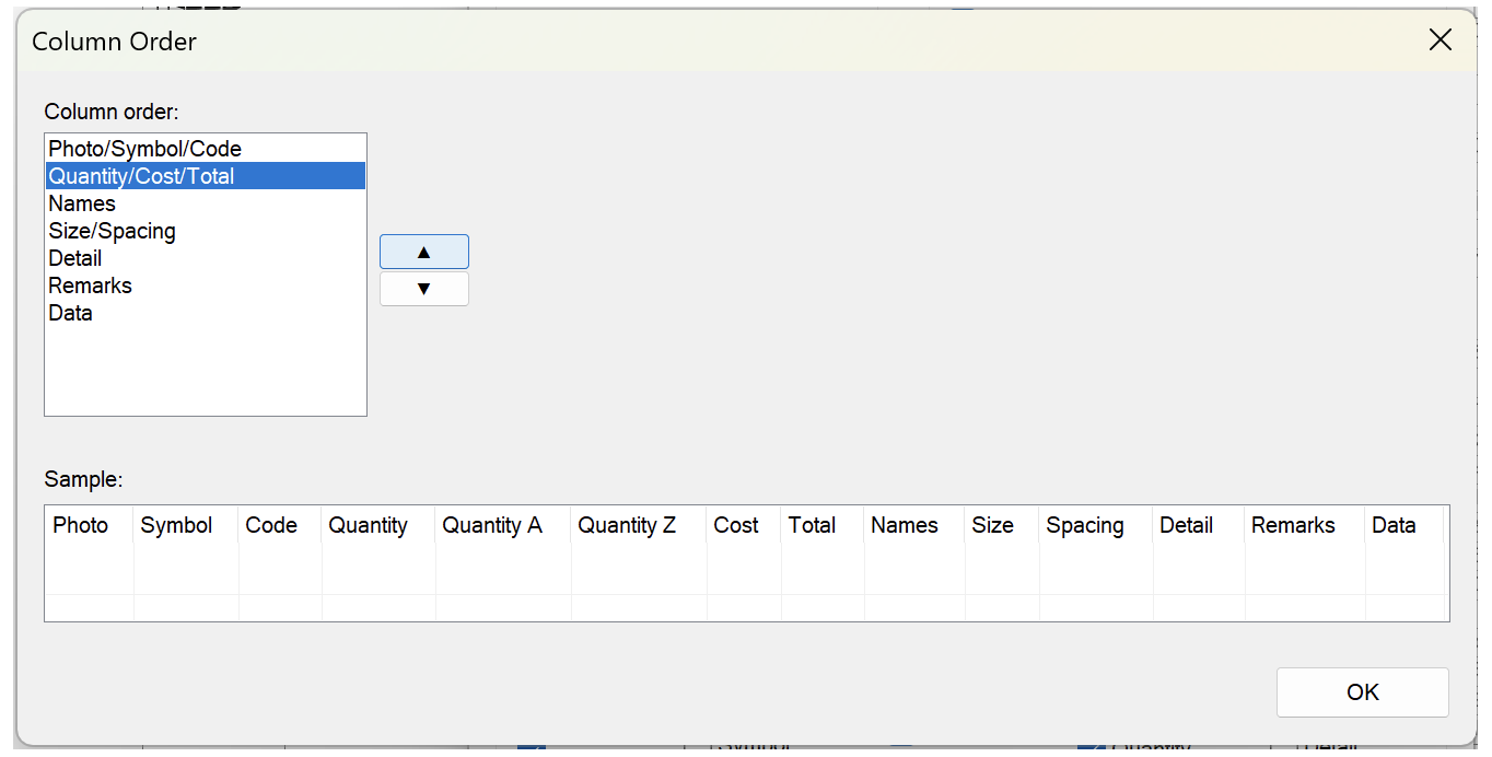 Column order dialog box