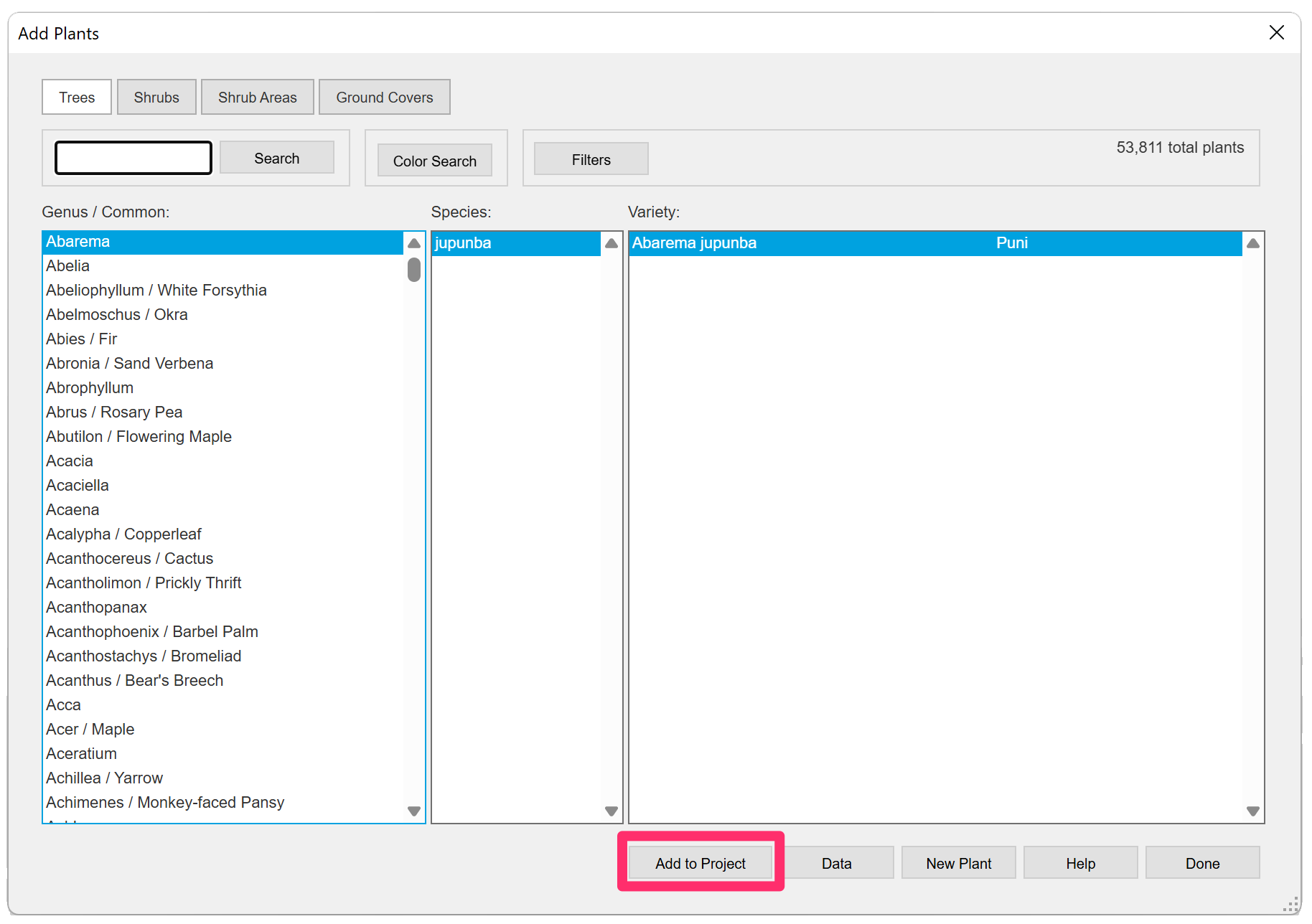 Add Plants dialog box, Add to Project button