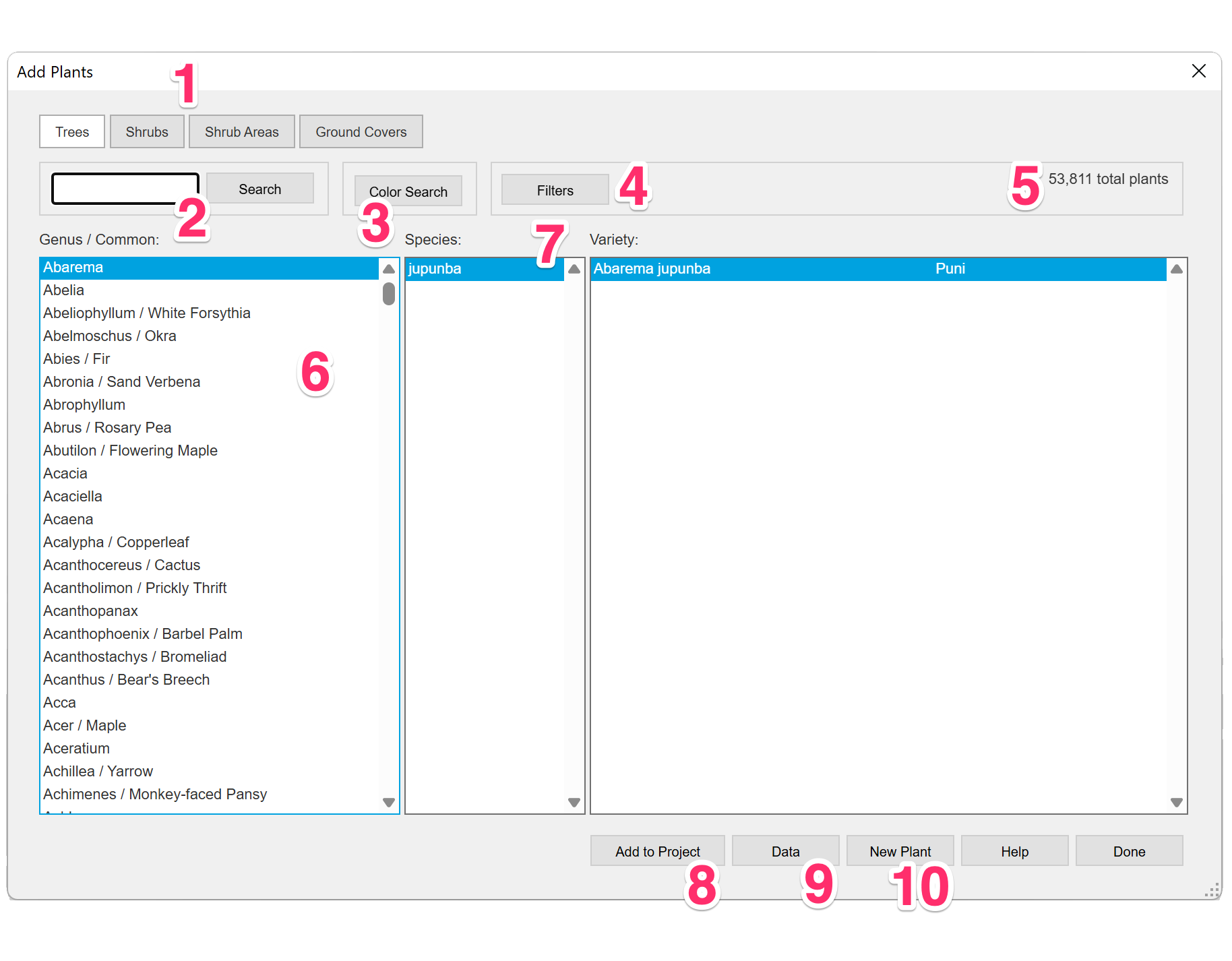 Add Plants dialog box, overview