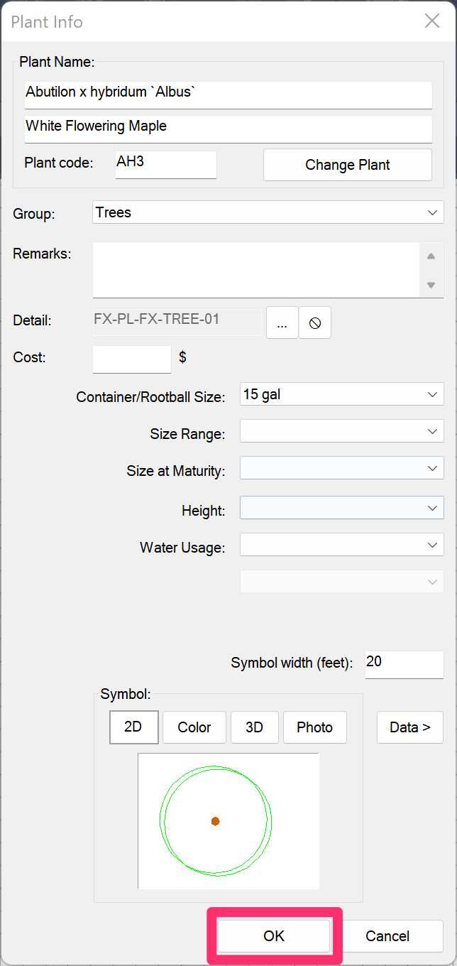 Plant Info dialog box