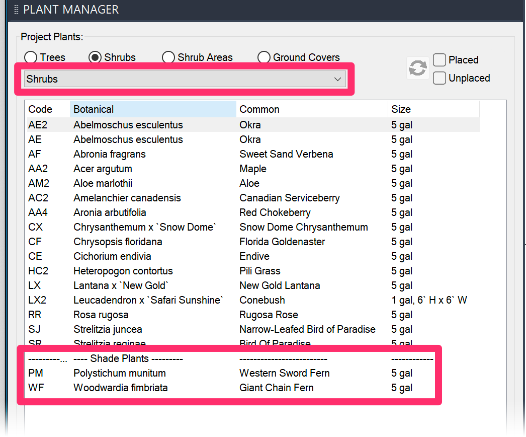 Subcategory shown in list of plants in Plant Manager