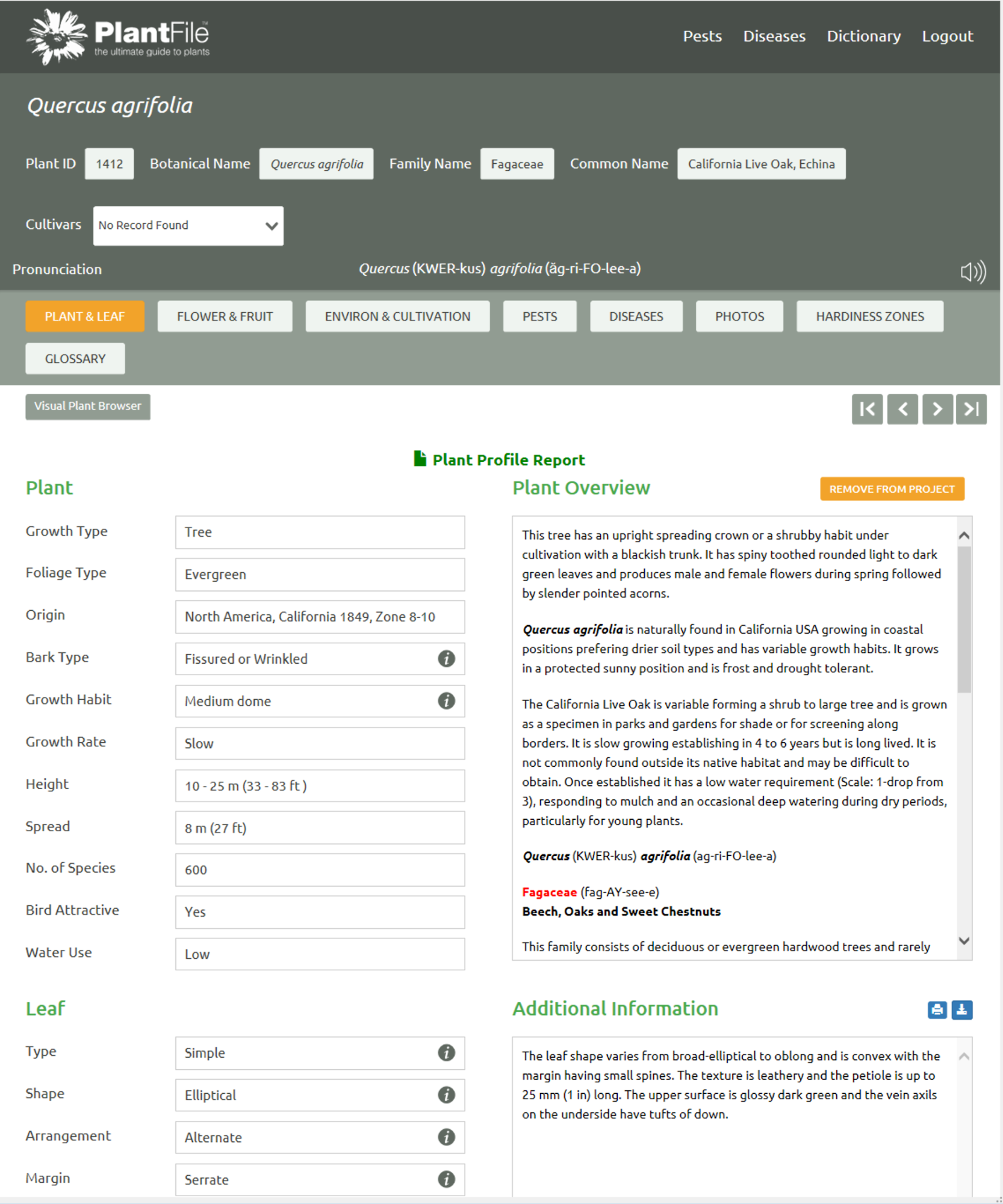 PlantFile database, View Details button