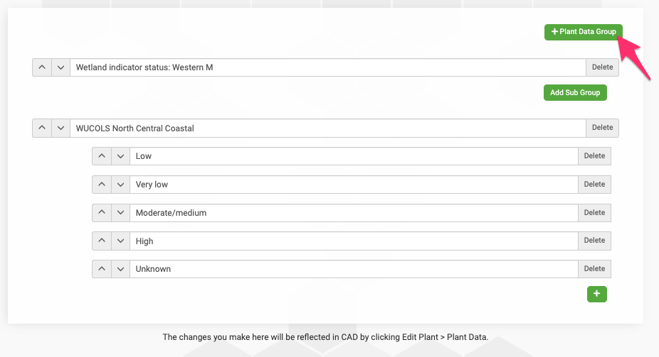 +Plant Data Group button on Edit Custom Plant Fields screen
