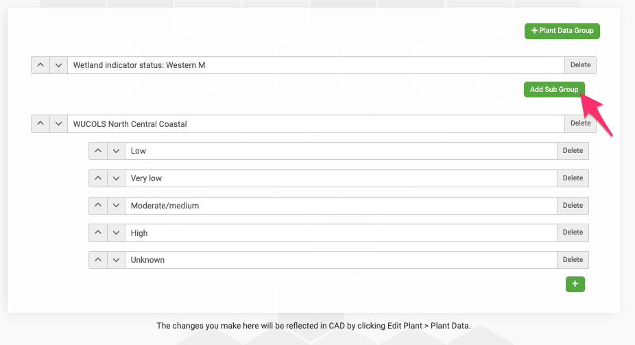 Add Sub Group button on Edit Custom Plant Fields screen