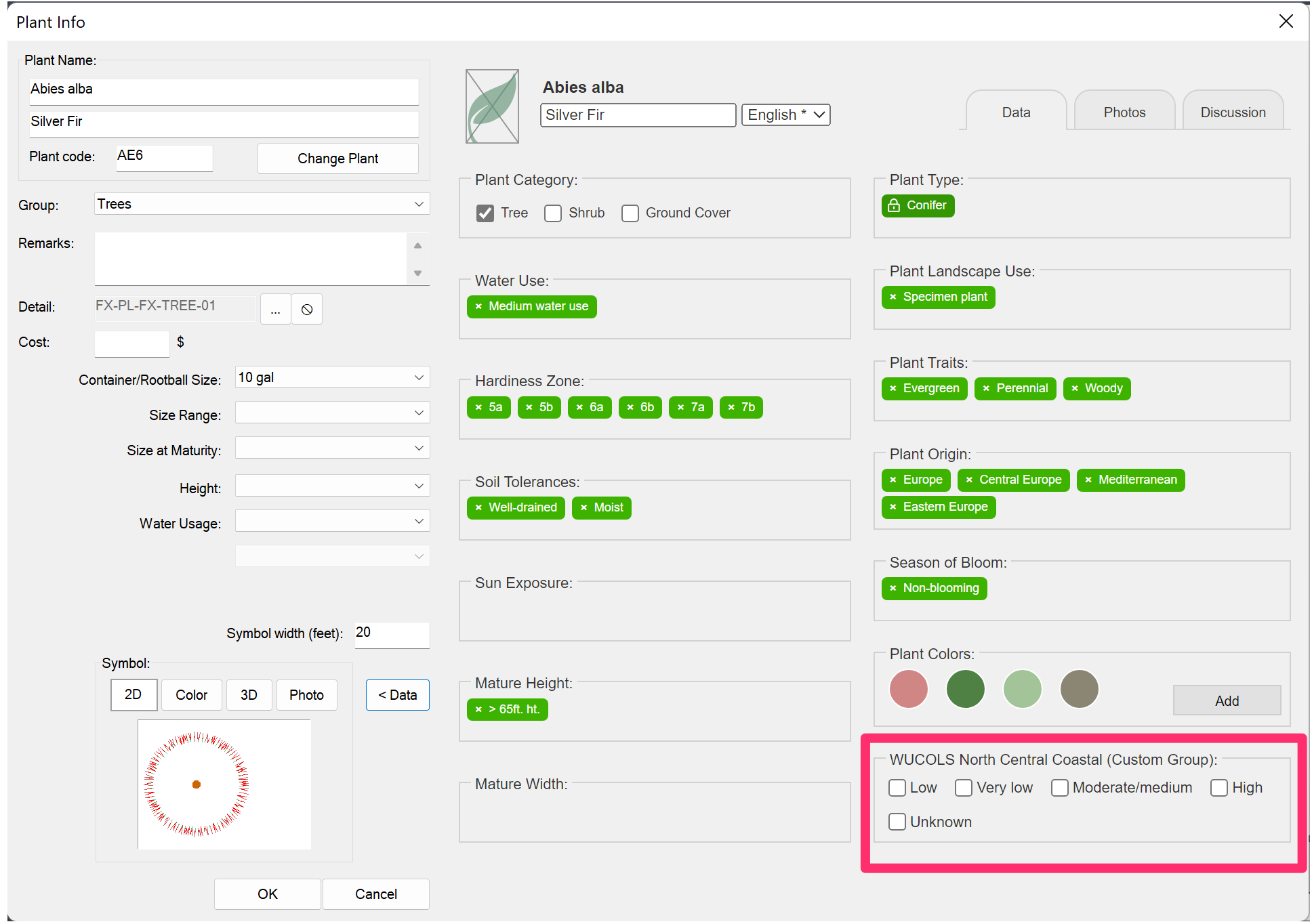 Plant Info dialog box expanded t show plant data, with custom field and subfields displayed